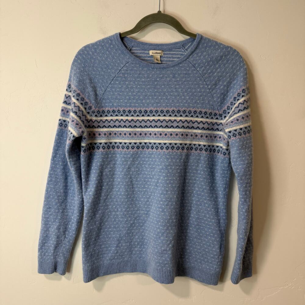 L.L. Bean Women's‎ 100% Cashmere Sweater Crew Fair Isle Blue Cream Large
